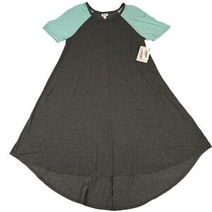 LuLaRoe Carly Dress Small Gray Aqua Raglan High Low Hem Pocket Swing Oversized